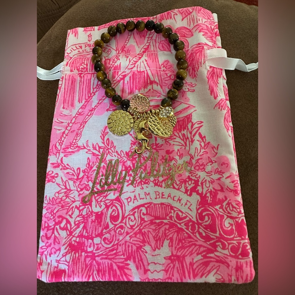 NWOT Lilly Pulitzer Tiger Eye Beaded Bracelet with Gold and Rhinestone Charms
